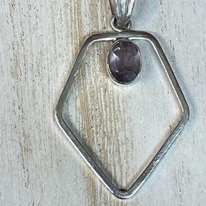 STERLING SILVER AMETHYST Stone Inside Open Frame Geometric Shape Pendant